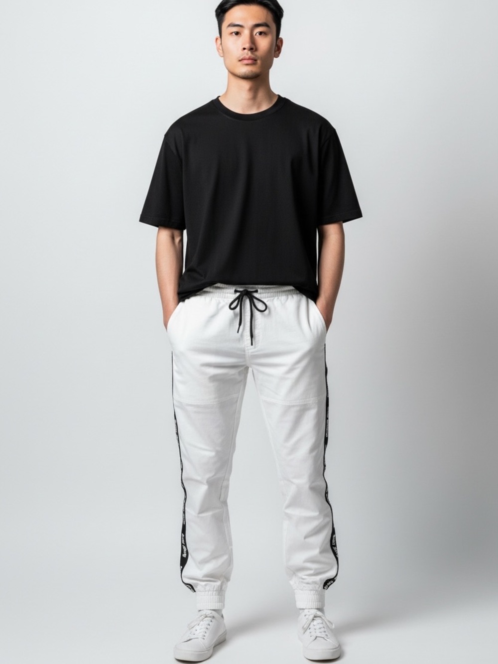 Men's White Jogger Pants with Black Side Tape